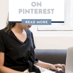 A woman using a laptop on a couch is partially covered by the text "How to Use Hashtags on Pinterest." She wears a black top and polka dot skirt.