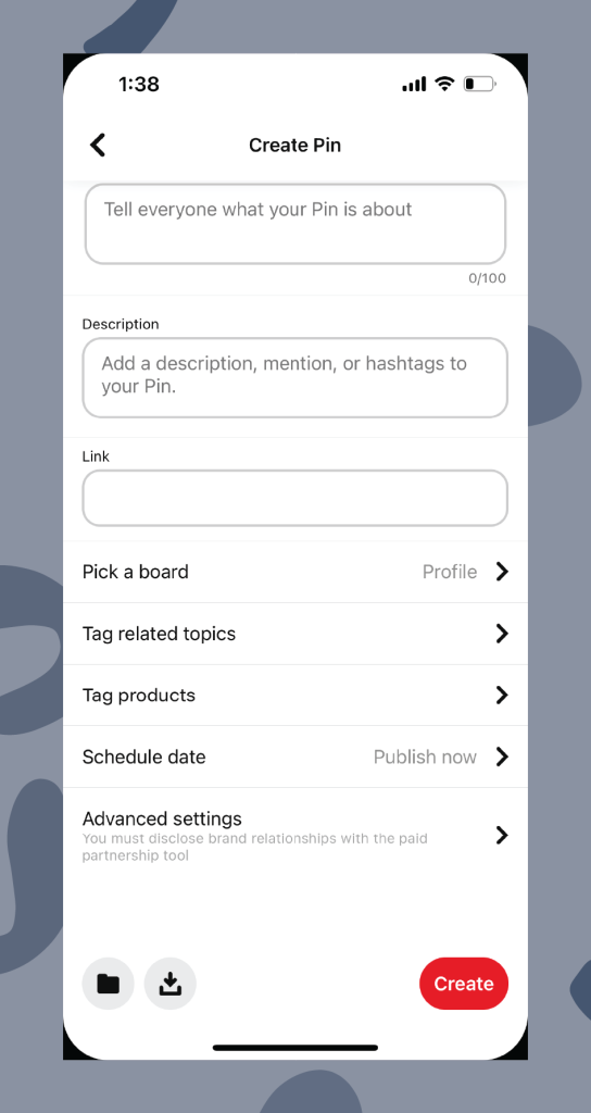 Screenshot of a mobile app's "Create Pin" page. Users can input a title, description, link, and choose settings like board and schedule. A red "Create" button is at the bottom.