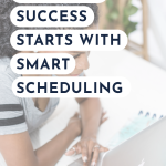 A person works on a laptop with text overlay: "Pinterest success starts with smart scheduling." Background shows a cozy, blurred home setting.