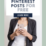 Alt text: "Woman in black blazer using a smartphone. Text above reads 'How to schedule Pinterest posts for free.' Button says 'Learn more.' Calm, instructional tone."