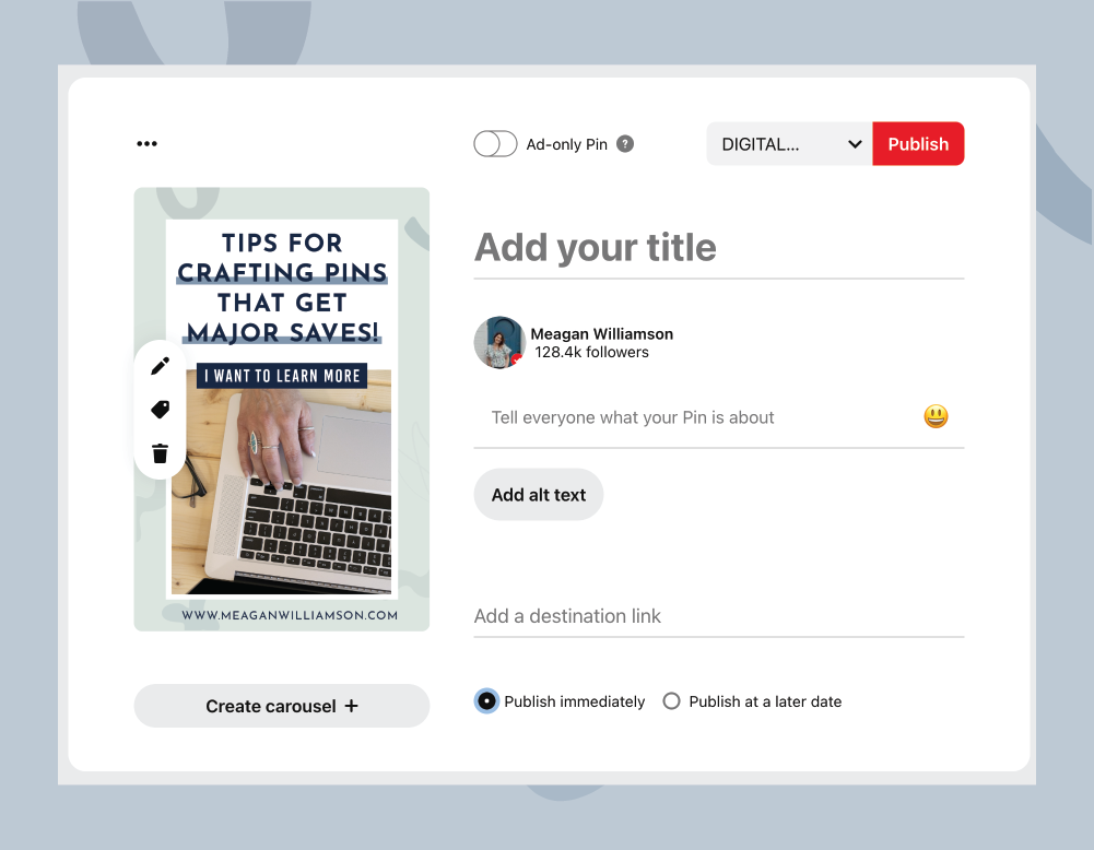 An online platform interface showing a pin creation screen with a preview image. The image reads, "Tips for crafting pins that get major saves!" with a button labeled "I want to learn more." A hand is shown on a laptop, conveying professional and instructional tones.