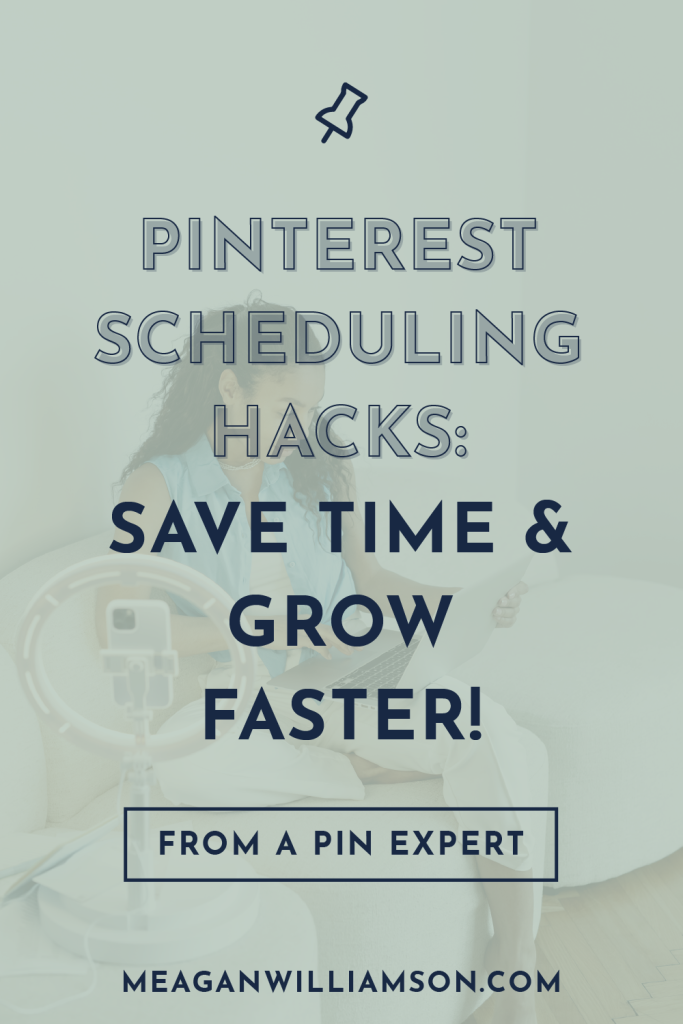 Alt text: "Text on image reads 'Pinterest Scheduling Hacks: Save Time & Grow Faster! From a Pin Expert.' Background shows a person using a laptop. The image conveys efficiency and expertise in managing Pinterest schedules."
